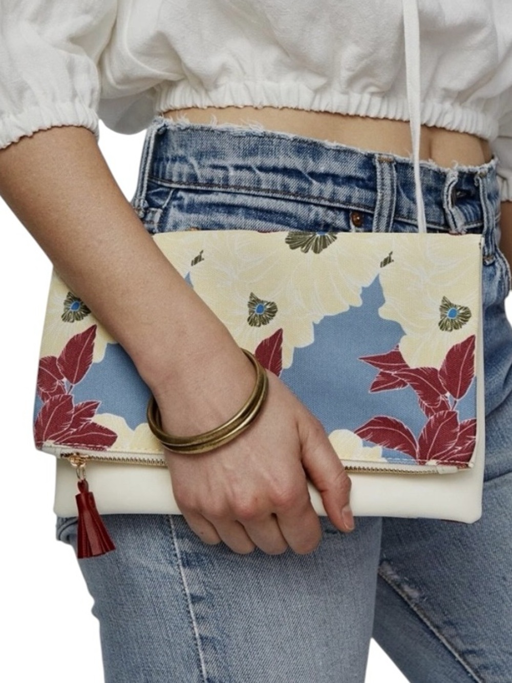 Z RACHEL PALLY Bloom Floral Canvas Ivory Vegan Leather Reversible Clutch Purse